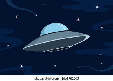 Flying saucer in sky. Cartoon style. Vector illustration.