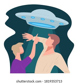 Flying saucer at sky, woman showing unidentified flying object. UFO attacking earth dwellers. Mysterious space with glowing, extraterrestrial guests. Scarred male and female, vector in flat style