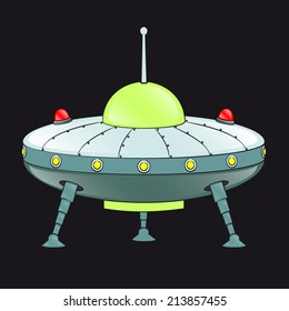 Flying saucer space aliens with three retractable legs, dome and antenna. UFO.
