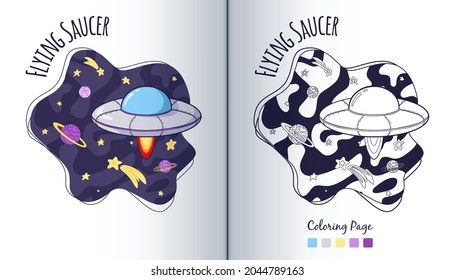 Flying Saucer in Space Coloring Page. Spacecraft in universe. Cartoon style UFO illustration. Premium Vector