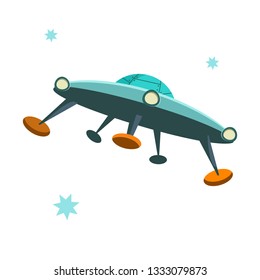 Flying saucer in space. Modern spaceship in sky. Can be used for topics like ufo, alien, galaxy