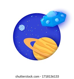 Flying saucer flying in space in paper cut style. Galaxy landscape 3d craft background with white round frame and starry night sky. Cardboard cutout Saturn planet and UFO. Vector kids illustration.