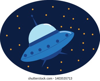 A flying saucer in the space with lot of stars in the sky , vector, color drawing or illustration.