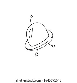 Flying saucer, spaceship icon in sketch cartoon style.  Hand drawn doodle vector illustration