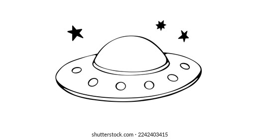 Salto volador, icono de nave espacial en forma de dibujo animado. Elemento de diseño sobre el tema de OVNI, espacio, extraterrestres. Ilustración del vector del doodle dibujado a mano