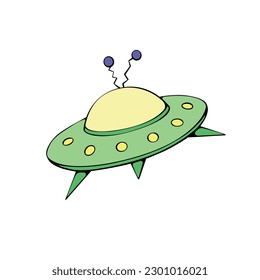 Flying saucer, spaceship icon in sketch cartoon style. Color design element on the theme of UFO, space, aliens. Hand drawn doodle vector illustration.