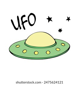 Flying saucer, spaceship icon in sketch cartoon style. Color design element on the theme of UFO, space, aliens. Hand drawn doodle vector illustration.