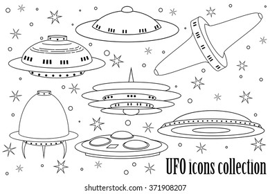 Flying Saucer, Spaceship And UFO Set. Set of cartoon funny UFO, unidentified spaceship and spacecrafts from alien invaders, with various futuristic shapes, vector space collection. 