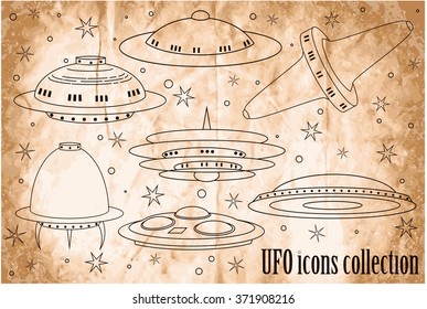 Flying Saucer, Spaceship And UFO Set. Set of cartoon funny UFO, unidentified spaceship and spacecrafts from alien invaders, with various futuristic shapes, vector space collection. 