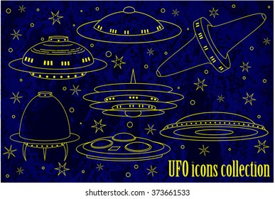 Flying Saucer, Spaceship And UFO Set. Illustration of a set of cartoon funny UFO, unidentified spaceship and spacecrafts from alien invaders, with various futuristic shapes, vector space collection.