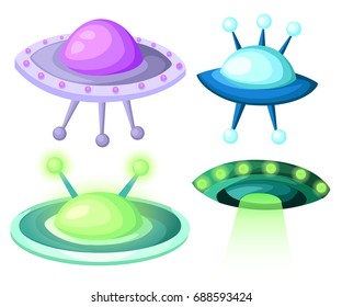 Flying Saucer, Spaceship And UFO Set Illustration of a set of cartoon funny UFO, unidentified spaceship and spacecrafts from alien invaders, with various futuristic shapes Web site page and mobile