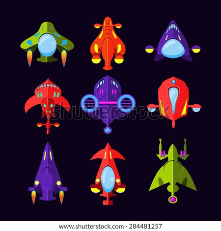 Flying Saucer, Spaceship And UFO Set.  Illustration of a set of cartoon funny UFO, unidentified spaceship and spacecrafts from alien invaders, with various futuristic shapes