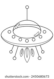 Flying saucer starship - vector linear picture for coloring. Unidentified flying object. Outline. Alien spaceship "flying saucer" - space transport.