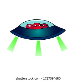 Flying saucer with three aliens, funny cartoon creatures from space, round red men, intergalactic travelers. Characters for comics, stickers, children's illustrations. Vector on white, isolated.