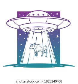 Flying Saucer UFO Abduction. Cow Vector Design. Elements. Space Object Alien.