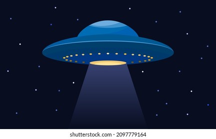 flying saucer with UFO aliens against the background of the night starry sky. flat vector illustration isolated