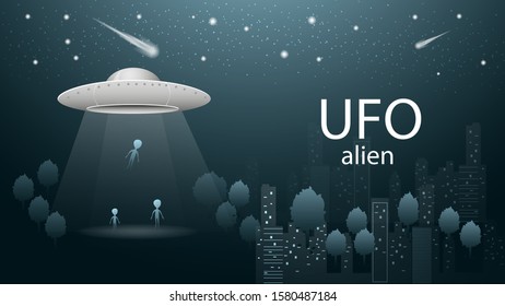 flying saucer UFO aliens fly away loading into spaceship beam of light banner design in dark blue background illustration night city among trees starry sky vector EPS 10