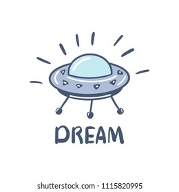 Flying saucer. UFO. Aliens. Print, children's clothing, postcard. For  design. Space.