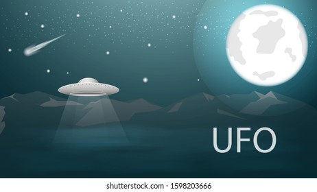 flying saucer UFO flying high in the mountains above the clouds in the starry sky at night vector EPS 10