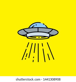 Flying saucer UFO line icon. Alien spacecraft symbol. Sci-fi spaceship graphic isolated on yellow background. Vector illustration.