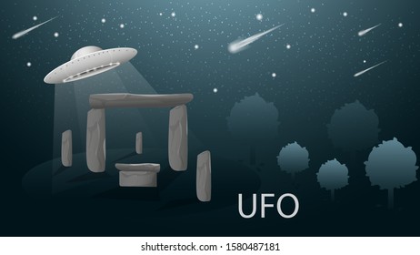 flying saucer UFO flying over Stonehenge banner design in dark blue background illustration among trees starry sky vector EPS 10