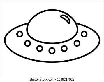 Flying saucer - UFO sign or logo - vector linear illustration. Outline. Spaceship alien pictogram. Doodle or coloring