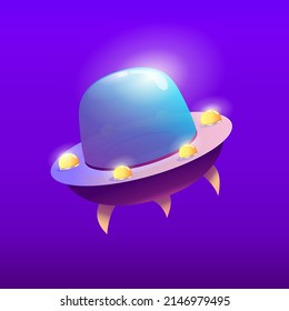 Flying saucer ufo in space isolated. Cartoon futuristic vector llustration. Spaceship alien rocket. Vector graphic illustration ui design. Flying saucer for game interface.