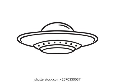 Flying saucer or ufo spaceship doodle hand drawn icon. Outline drawing flying saucer line clipart symbol. Vector illustration