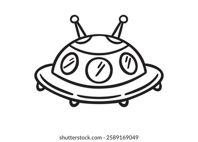 Flying saucer or ufo spaceship doodle hand drawn icon. Outline drawing flying saucer line clipart symbol. Vector illustration