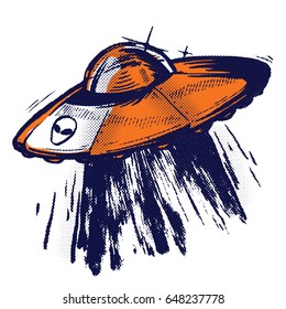 Flying Saucer Vector Halftone Hand Drawn Ufo 