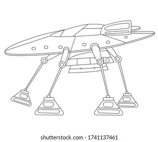 A flying saucer walking on mechanical paws.Technological fantasy machine in a linear style. Stock vector illustration on a white background.