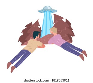 Flying saucer in woods, people watching ufo in forest. Character exploring extraterrestrial visitors to Earth planet. Futuristic vehicle with aliens, spacecraft invasion or kidnapping, vector