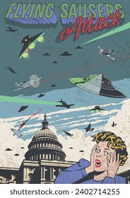 Flying Saucers Attack Retro Sci Fi Comic Book Style Illustration, Capitol, UFO, Planes and Screaming Woman in Panic