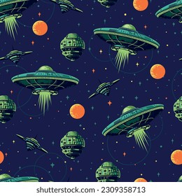 Flying saucers pattern seamless colorful with ufos in galactic space fighting for dominance in galaxy vector illustration