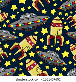 Flying saucers, rockets and stars isolated on a dark blue background. Seamless pattern. Hand drawn vector graphic drawing. Texture.