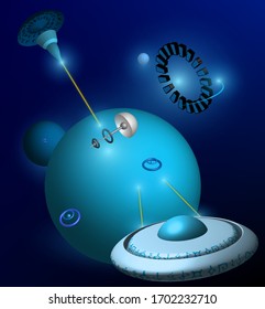 Flying saucers, spaceships attack the planet. Laser shots. Illustration on the theme of space and the distant future