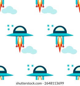 Discos voadores, simbolizando a exploração extraterrestre, contra um céu estrelado nublado. Ilustração vetorial em estilo plano. Padrão contínuo em um fundo branco