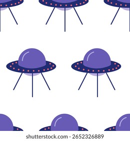 Flying saucers symbolizing extraterrestrial exploration. Vector illustration in a flat style. Seamless pattern on a white background
