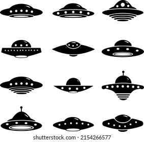 Flying saucers, UFO vector set black and white