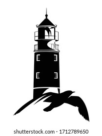 flying sea gull and lighthouse tower black and white vector outline for sea voyage concept