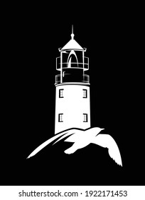 flying sea gull and lighthouse tower white vector silhouette over black background for sea voyage concept