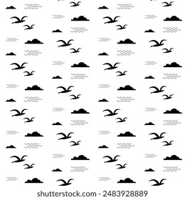 Flying seagull bird with clouds and waves graphic black and white vector seamless pattern.