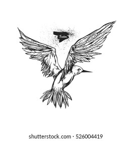 Flying seagull. The bird opens the wings. Graphic illustration. Free Bird. It Can Be Used For Printing On T-Shirts Or Ideas For Tattoos.