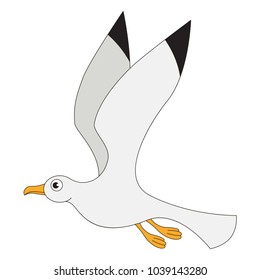 Flying Seagull cartoon. Outlined illustration with thin line black stroke