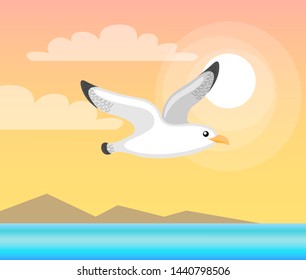 Flying seagull, closeup and side view of seabird, water and pyramids, sunshine and clouds. Summer cover or papercard with bird, sea and sun vector