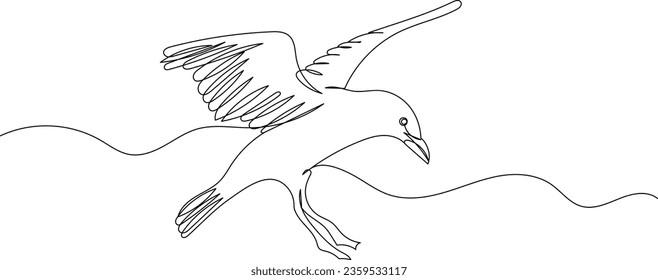 dibujo de línea continua de gaviota volante, esbozo sobre vector de fondo blanco