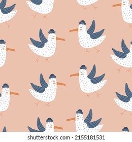 Flying seagull hand drawn vector illustration. Funny bird in flat style. Seamless pattern for kids fabric.