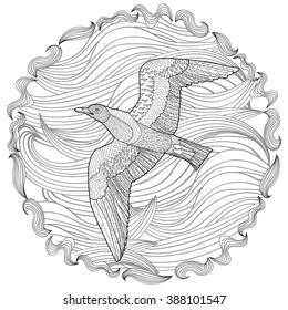 Flying seagull with high details. Adult antistress coloring page. Black white hand drawn doodle oceanic bird. Sketch for tattoo, poster, print, t-shirt in zentangle style. Vector illustration.