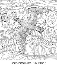 Flying seagull with high details. Adult antistress coloring page. Black white hand drawn doodle oceanic bird. Sketch for tattoo, poster, print, t-shirt in zen tangle style. Vector illustration.