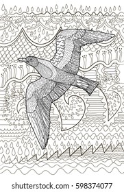 Flying seagull with high details. Adult antistress coloring page. Black white hand drawn doodle oceanic bird. Sketch for tattoo, poster, print, t-shirt in zentangle style. Vector illustration.